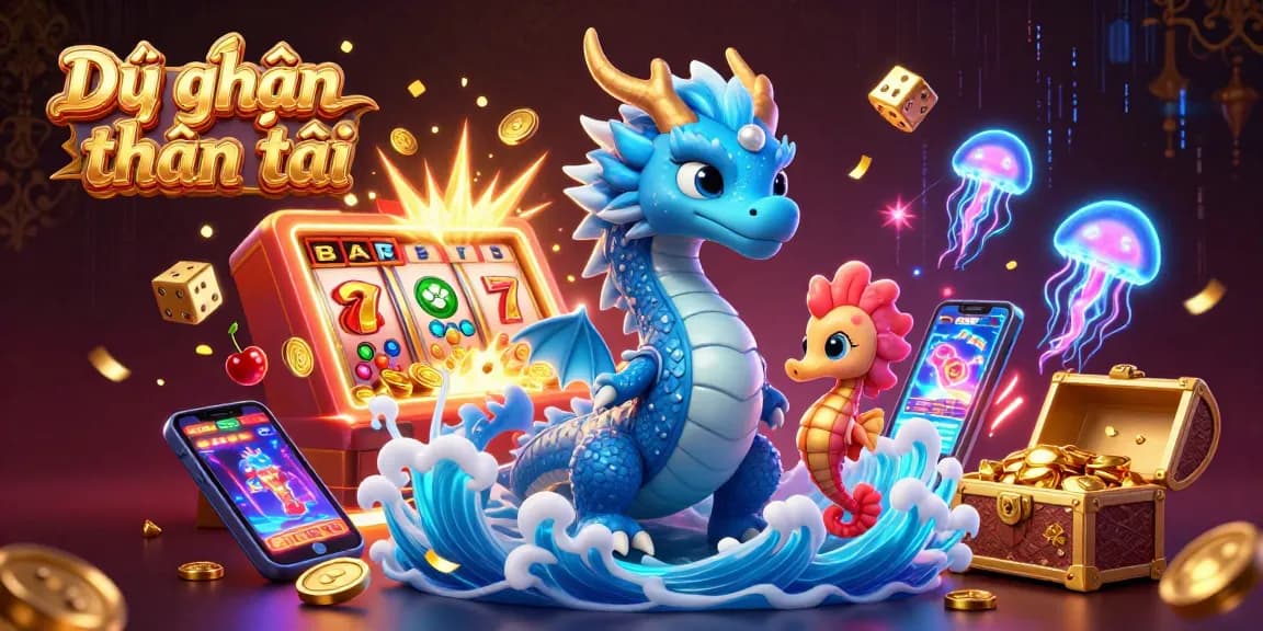 Dự đoán thần tài with a colorful 3D casino scene featuring a dragon, seahorse knight, and slot machine