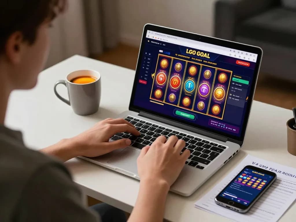 LGO GOAL user engaging with online casino games on a laptop, showcasing a vibrant slot game interface.
