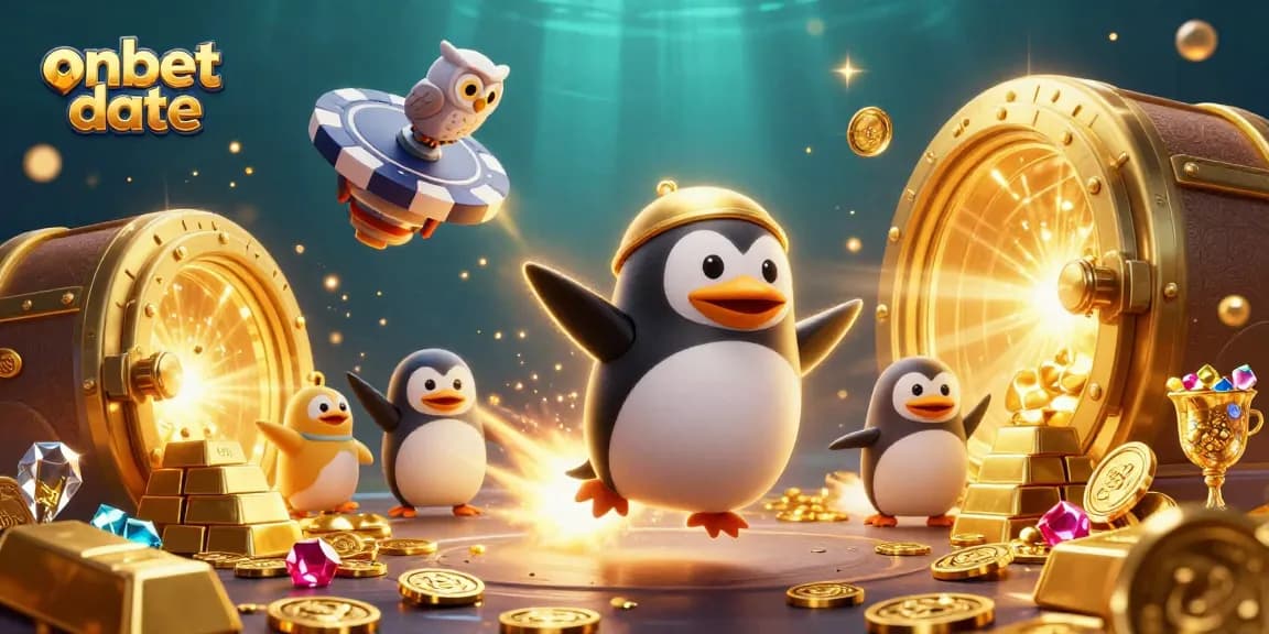 Experience the excitement of onbet date with a vibrant 3D illustration featuring a golden penguin and casino elements.