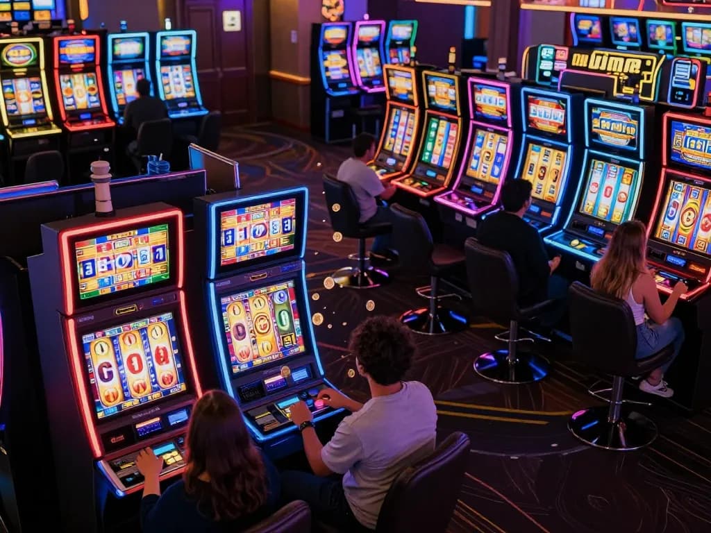 Players enjoying the Slot Demo experience with vibrant, colorful machines in a lively casino atmosphere.