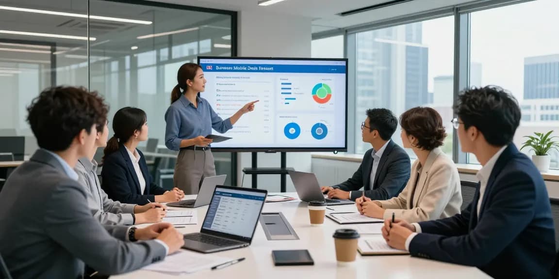 Compare business mobile deals UK in a professional team meeting, analyzing options and data.