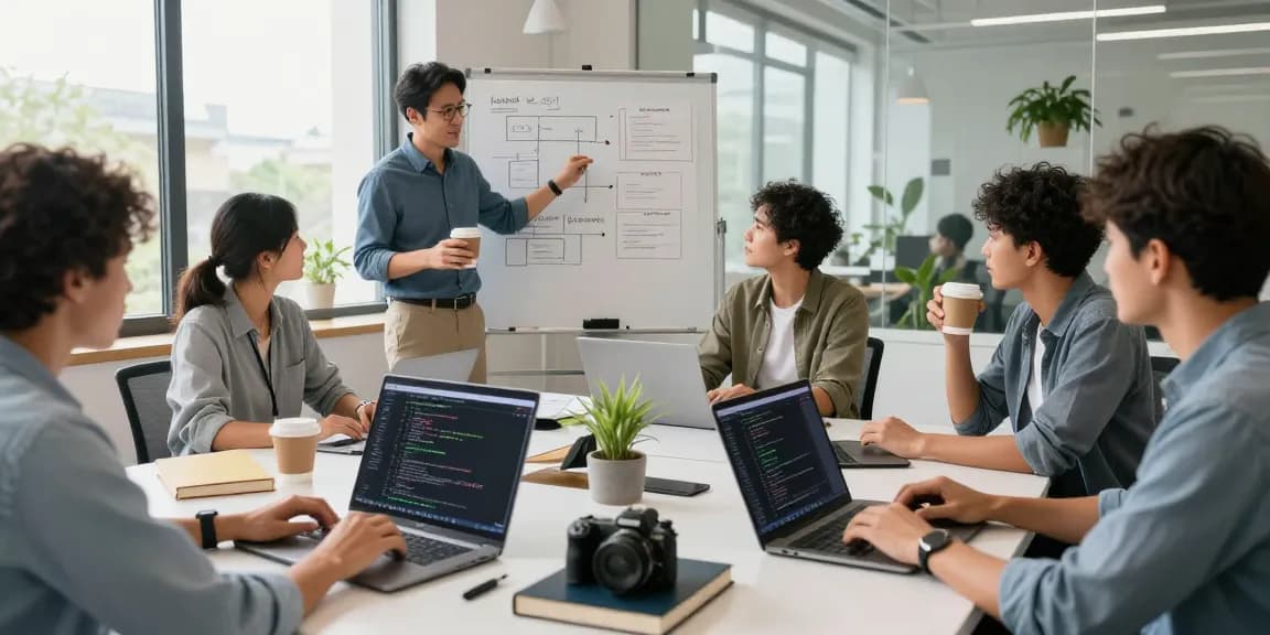Build internal tools with AI in a collaborative office environment with a team innovating together.