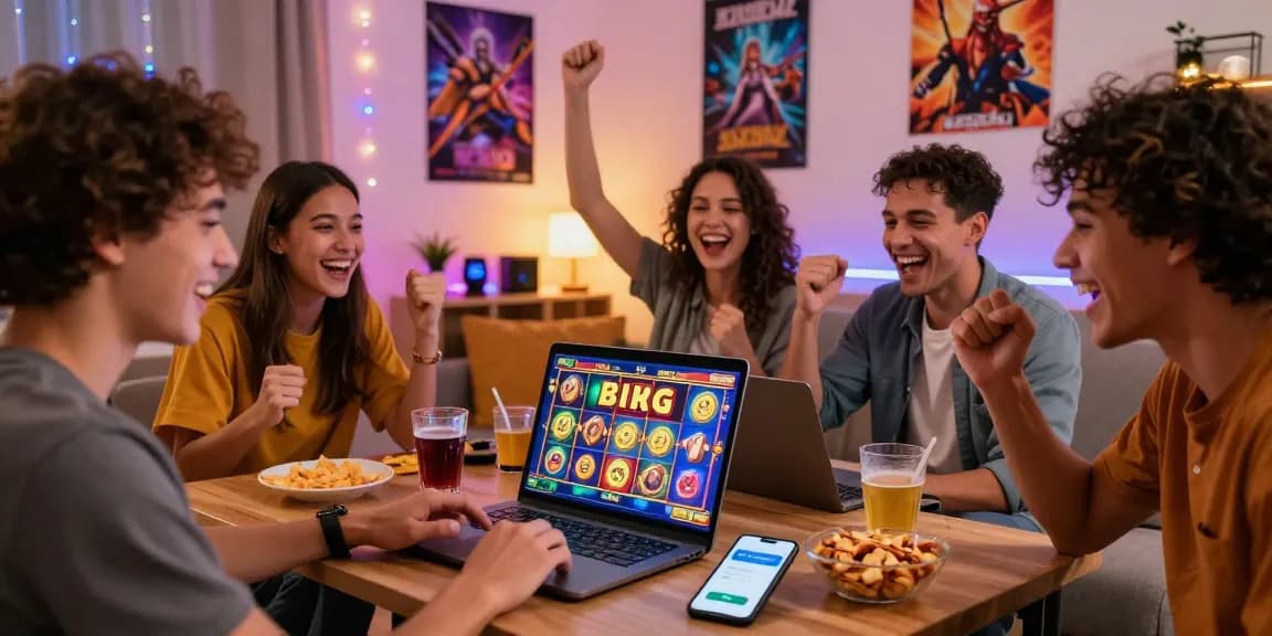 Diverse friends enjoying a thrilling gaming session together, discussing their slot wins while managing deposit tanpa minimal online.