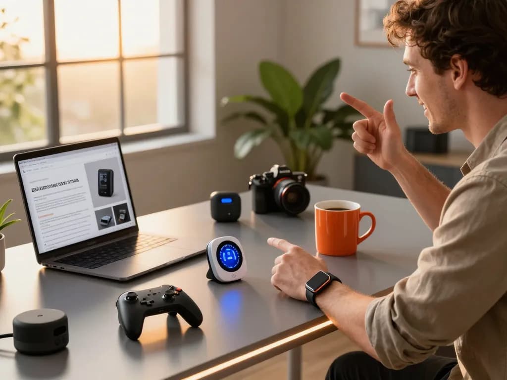 The scene showcases the best tech gadgets for men in a cozy workspace filled with innovative Bluetooth devices and a warm atmosphere.