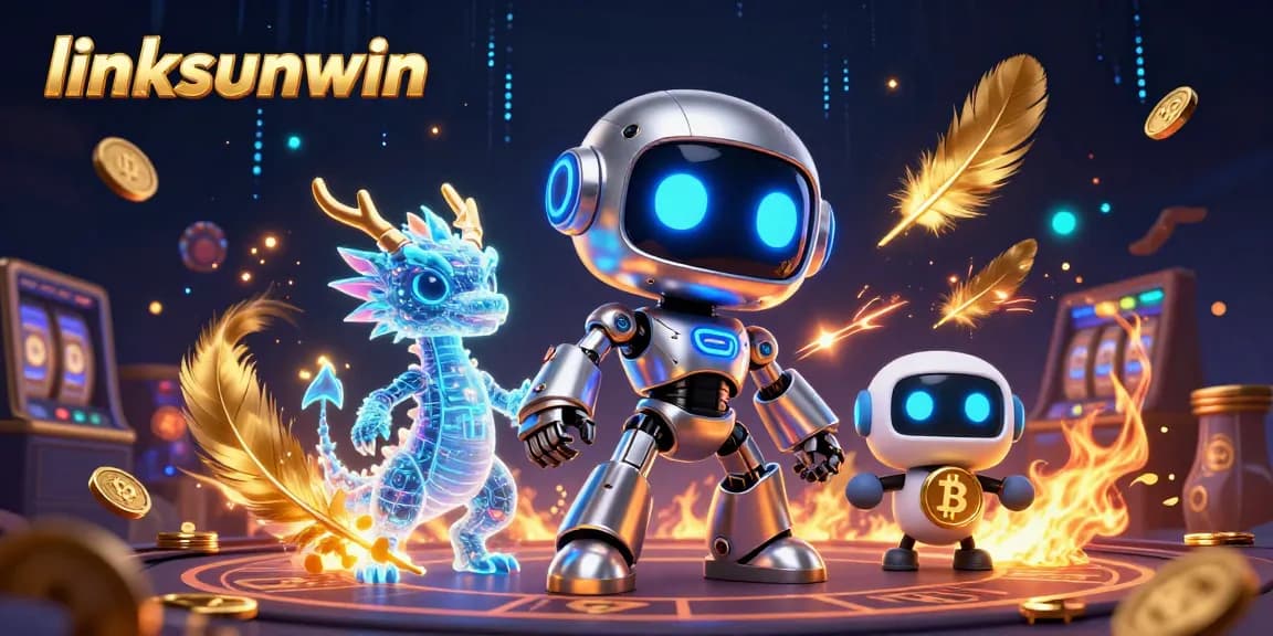 Engage with linksunwin's vibrant casino scene featuring a cyberpunk robot, AI dragon, and bitcoin drone.