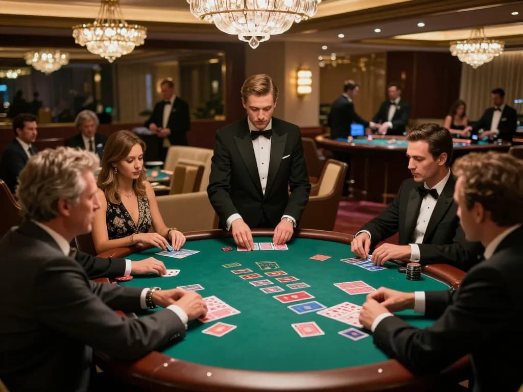 Engaged players at bong99 blackjack table in luxury casino focus on their hands under warm chandelier lighting.