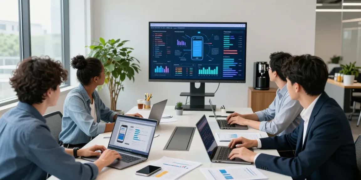 Business mobile deals UK discussion in a modern office with teamwork and collaboration.
