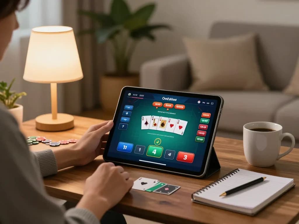 Playing game online on a tablet in a cozy living room with poker interface and bankroll notes.
