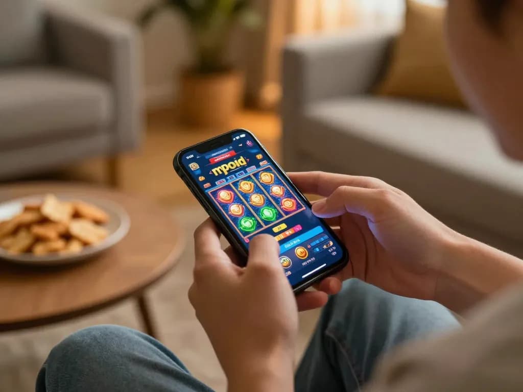 Engage with mpoid slot gaming on mobile, highlighting vibrant gameplay and cozy atmosphere.