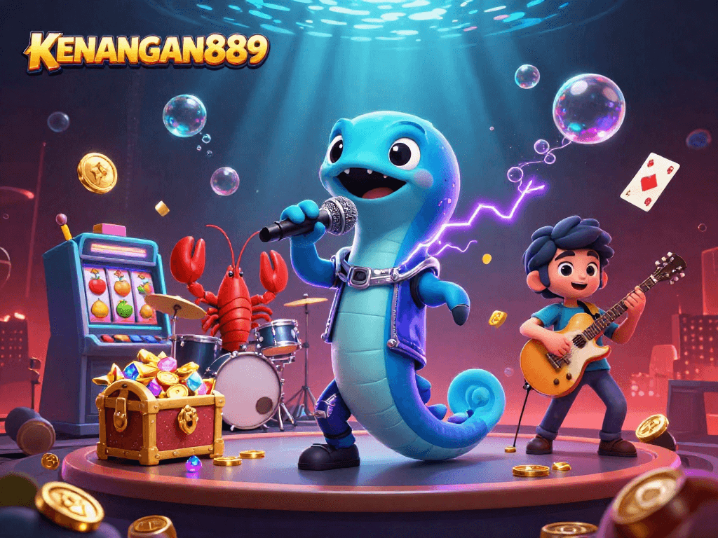 KENANGAN889 features a vibrant underwater casino scene with an electric eel DJ, a lobster drummer, and a seahorse guitarist