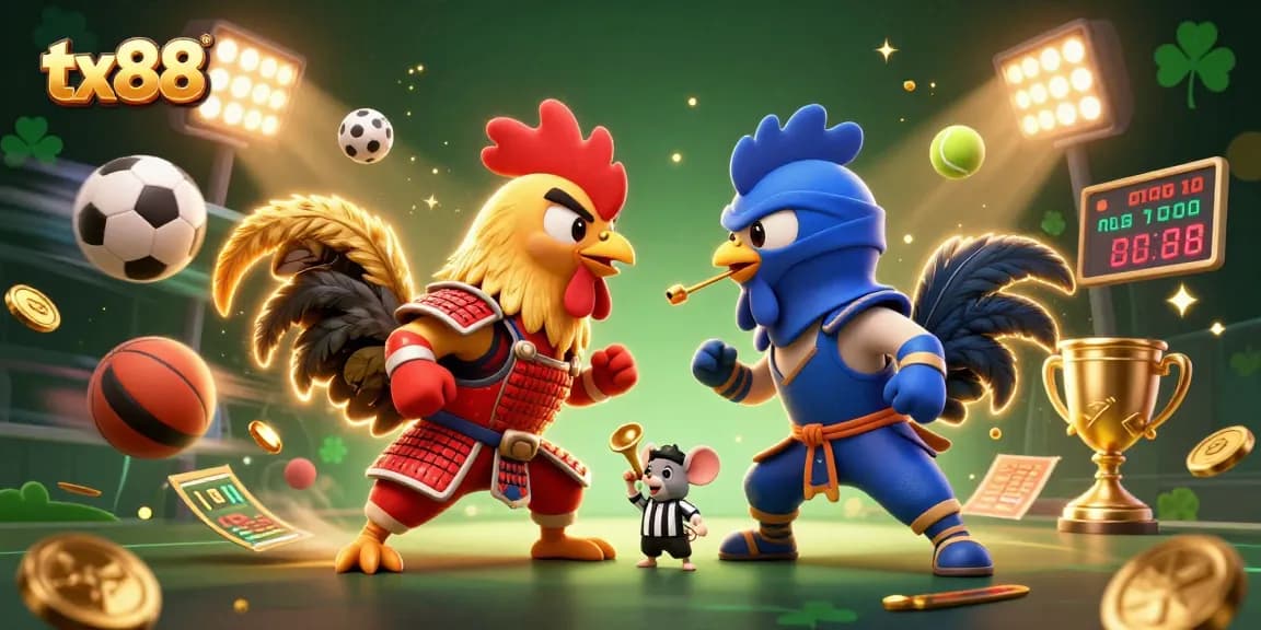 Engage with tx88 as fighting roosters duel in a vibrant casino showdown scene.