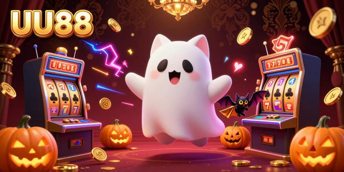 Engage with UU88 in a vibrant 3D casino scene, showcasing a friendly ghost cat and thrilling slot experiences.