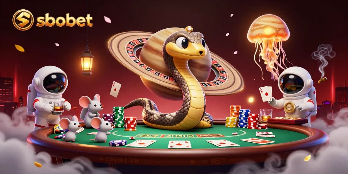 Menampilkan sbobet dalam ilustrasi kartun 3D dengan elemen kasino yang kaya dan penuh detail.