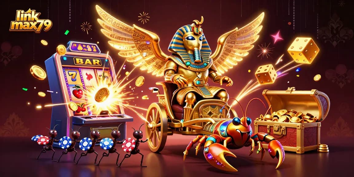 Engage with an exciting illustration of link max79, featuring a golden scarab and scorpions amidst a jackpot explosion.