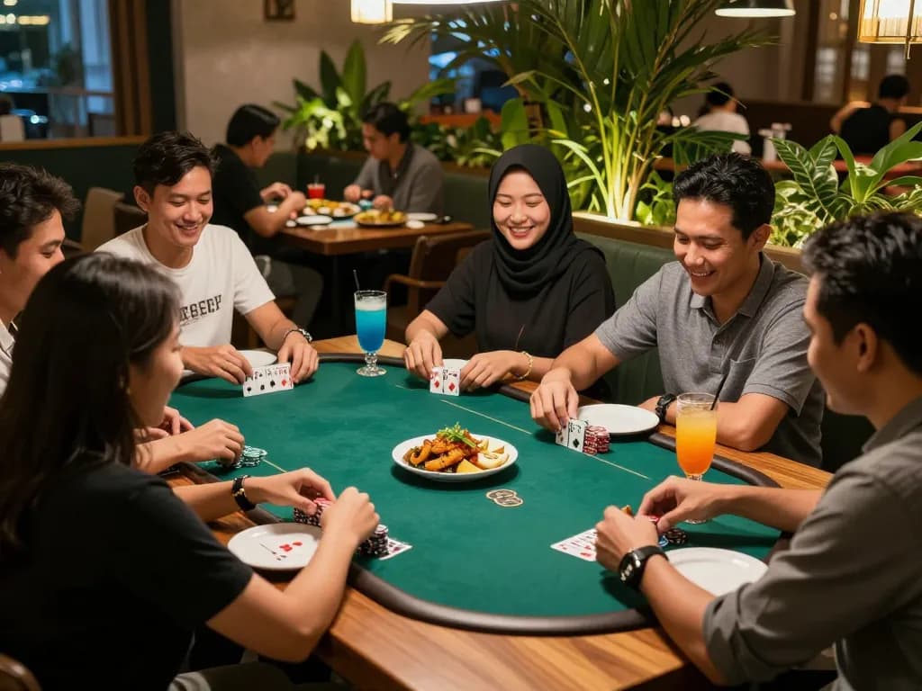 POKERSERI dining scene with friends playing poker, showcasing vibrant Indonesian cuisine and inviting atmosphere.