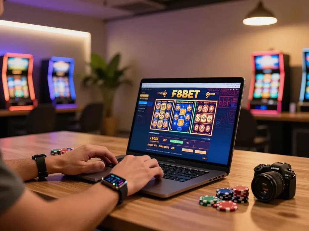 Playing exciting games at F8BET online casino with colorful slots on screen and poker chips.
