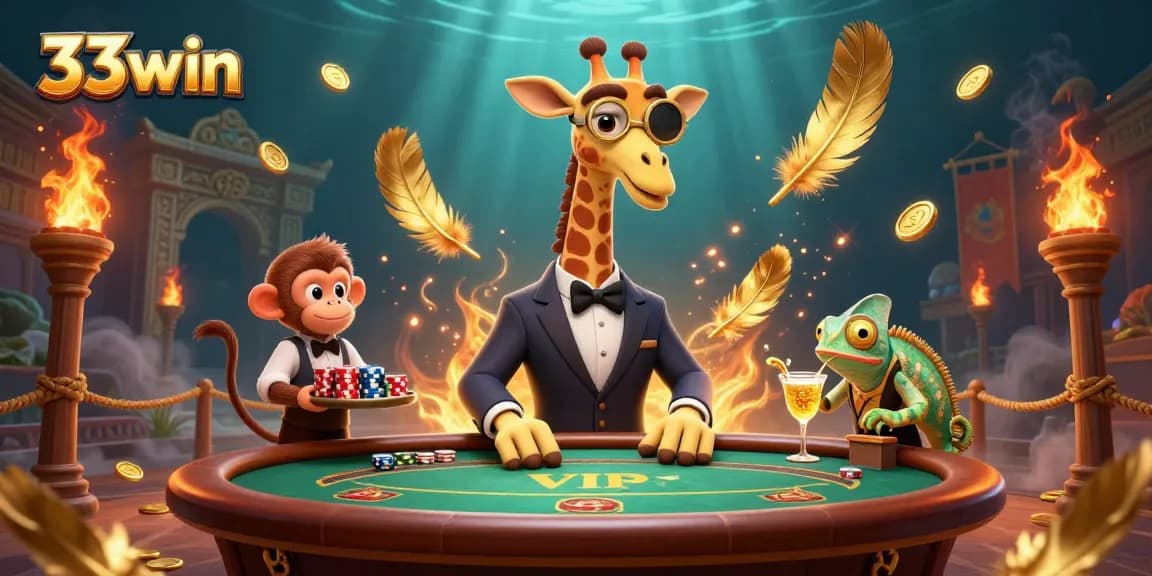 Engage in thrilling adventures at 33win casino with a lively giraffe, monkey, and chameleon illustration.