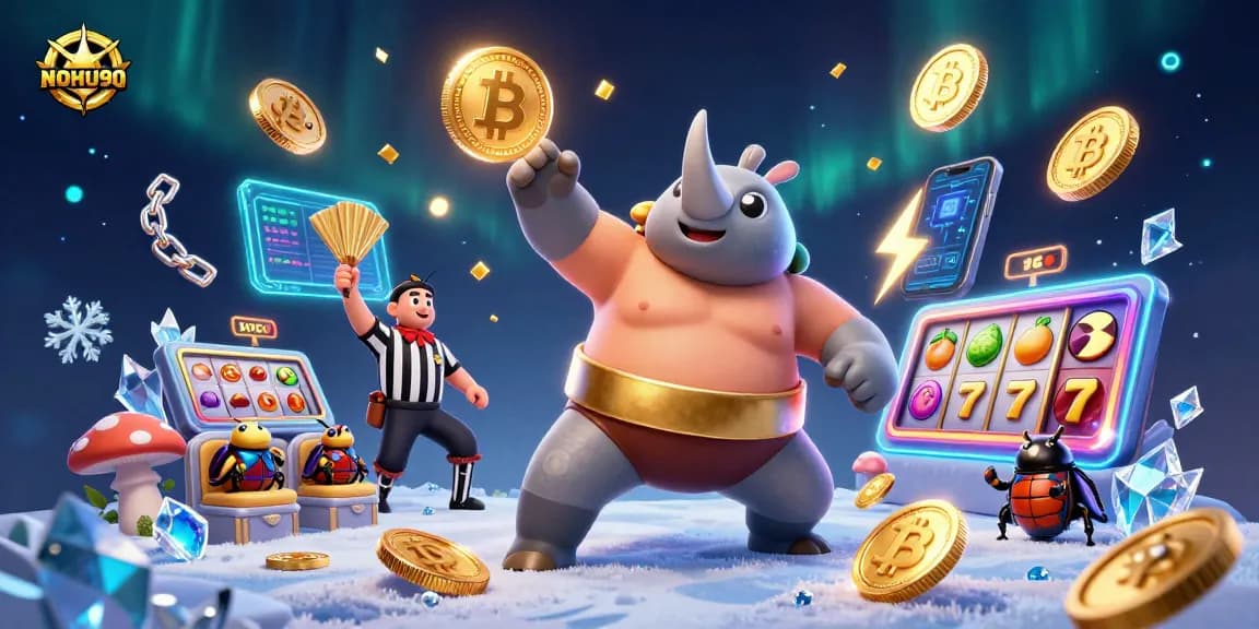 Engage in thrilling games at NOHU90, featuring a cartoon beetle champion amidst flying coins and digital assets.