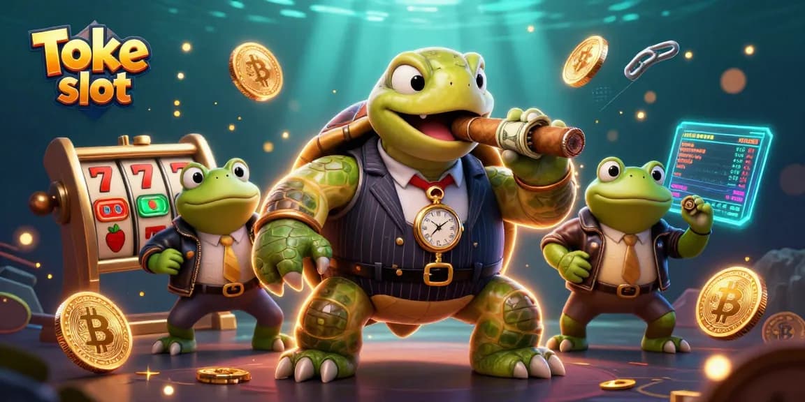Toke slot shines brightly with a cartoon turtle and bullfrogs showcasing vibrant casino excitement.