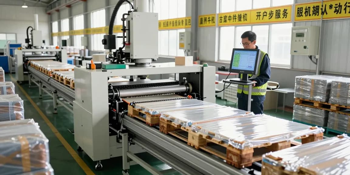 Pallet wrapping machine efficiently wrapping pallets in a modern manufacturing facility.