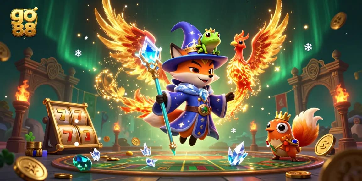 Experience the thrill of go 88 with a mesmerizing 3D fantasy scene featuring a wizard fox, phoenix, and interactive slot game elements.