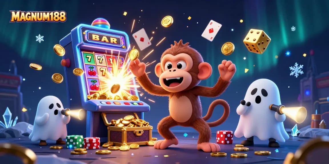 Engage in thrilling gameplay at MAGNUM188 with a ghostly monkey juggling casino treasures in a haunted setting.