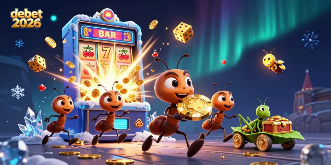 Engage in thrilling casino action with debet2026 featuring ants in a heist scene with vibrant slot machine elements.