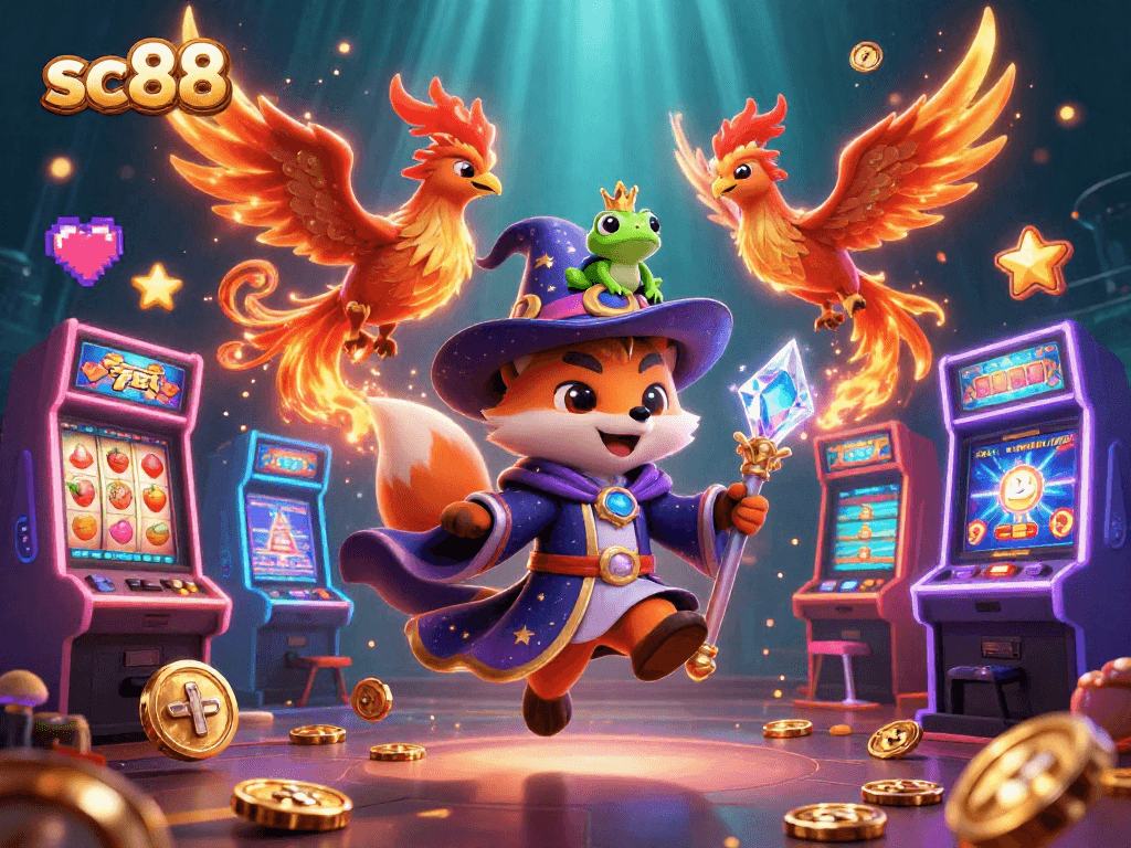 Engage with sc88's thrilling slot machines, featuring a mystical wizard and phoenix in a vibrant setting.