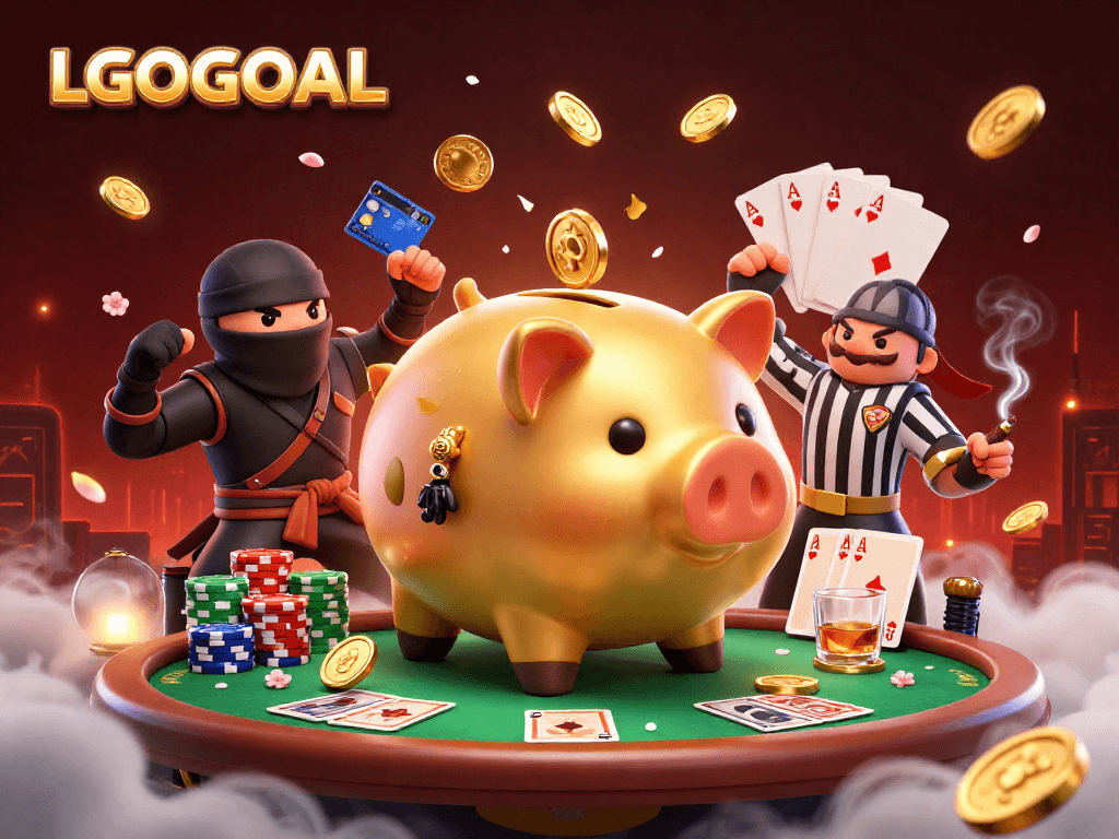Engage with LGOGOAL as a golden piggy bank sumo wrestler shakes coins during an intense poker match.