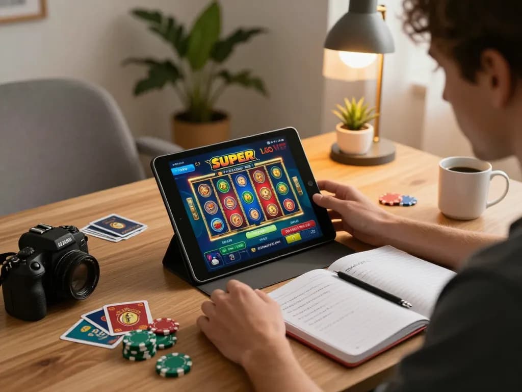 LGO SUPER gaming interface displayed on tablet during an engaging online gambling session at home.