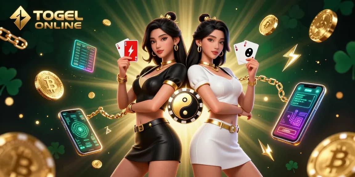 Engage in TOGEL ONLINE with vibrant twin Asian women showcasing powerful playing cards in a rich casino setting.