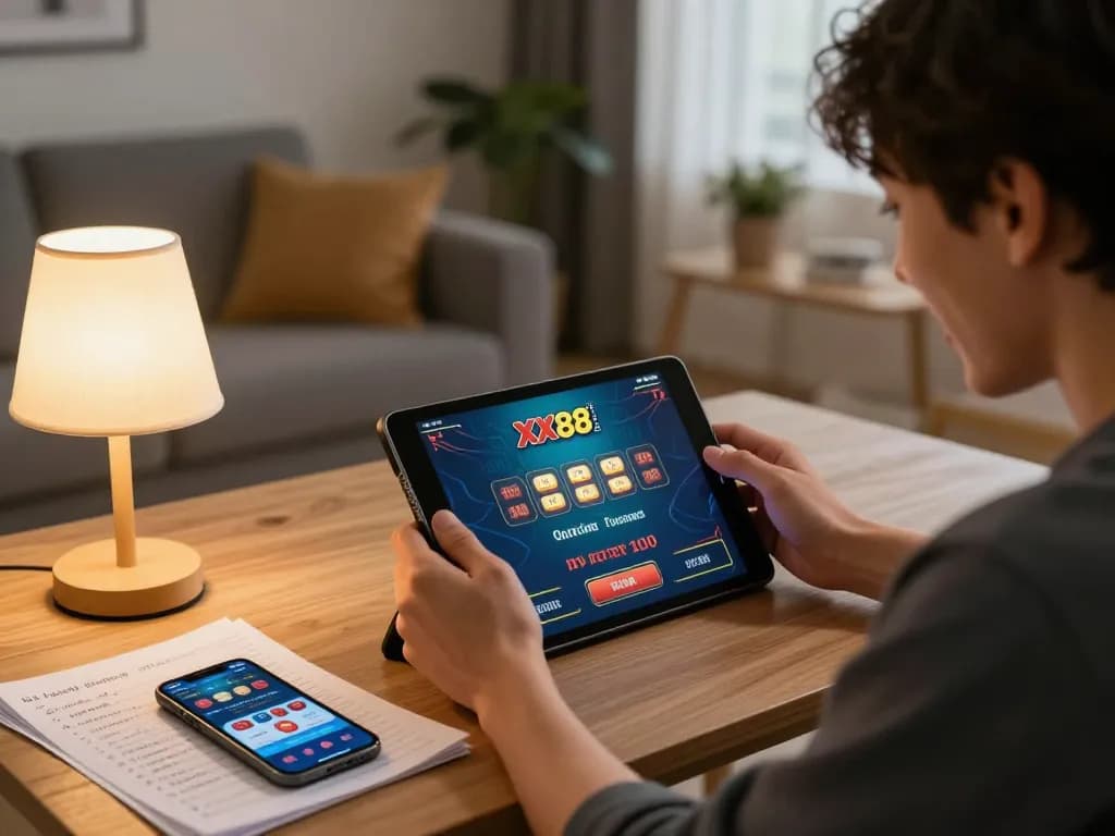Player engaging in online gambling at xx88 with tablet and notes in cozy home setting.