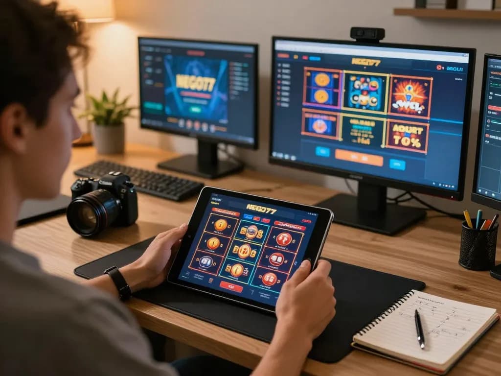 Engaging with NEGO77's online casino interface, enjoying strategic gameplay in a stylish home setup.