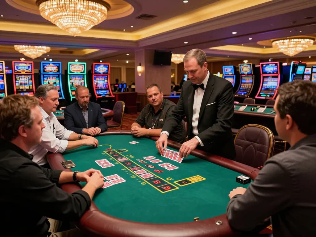 TR88 players strategizing at a blackjack table in an upscale casino environment.