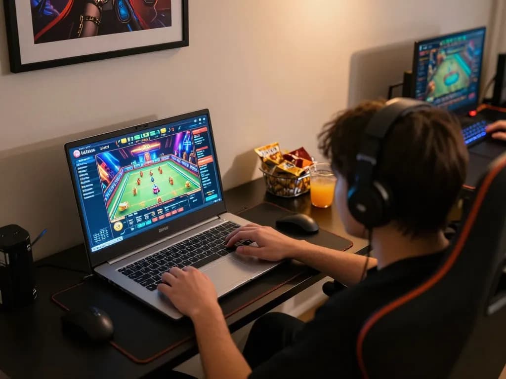 Engaged player using LGOLUX LOGIN on a laptop in a cozy home gaming setup.