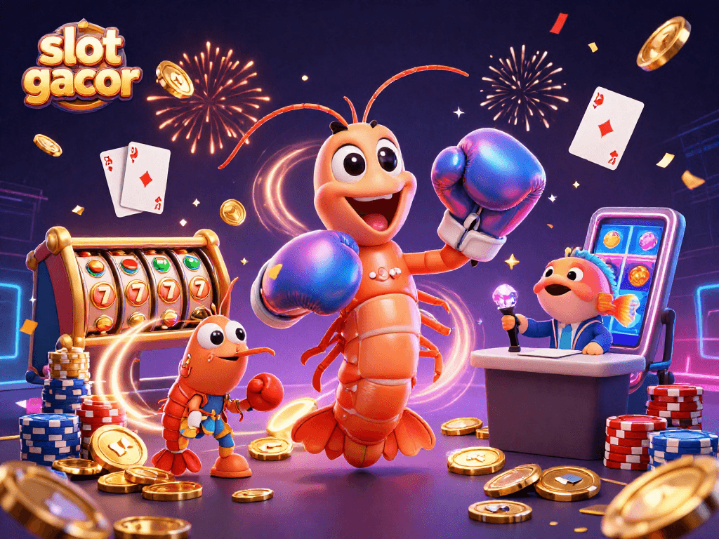Engage in slot gacor action with a dynamic 3D cartoon scene featuring vibrant slot reels and spirited aquatic characters.