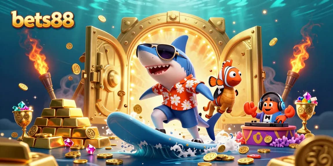 Bets88 shark surfs on gold coins amid dynamic casino elements creating a vibrant gambling scene.