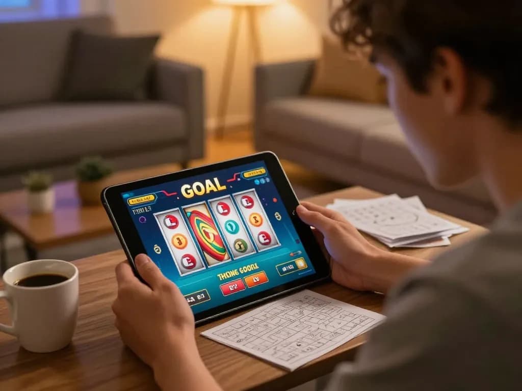 LGO GOAL player enjoying an online slots game, capturing excitement in a cozy gaming setup