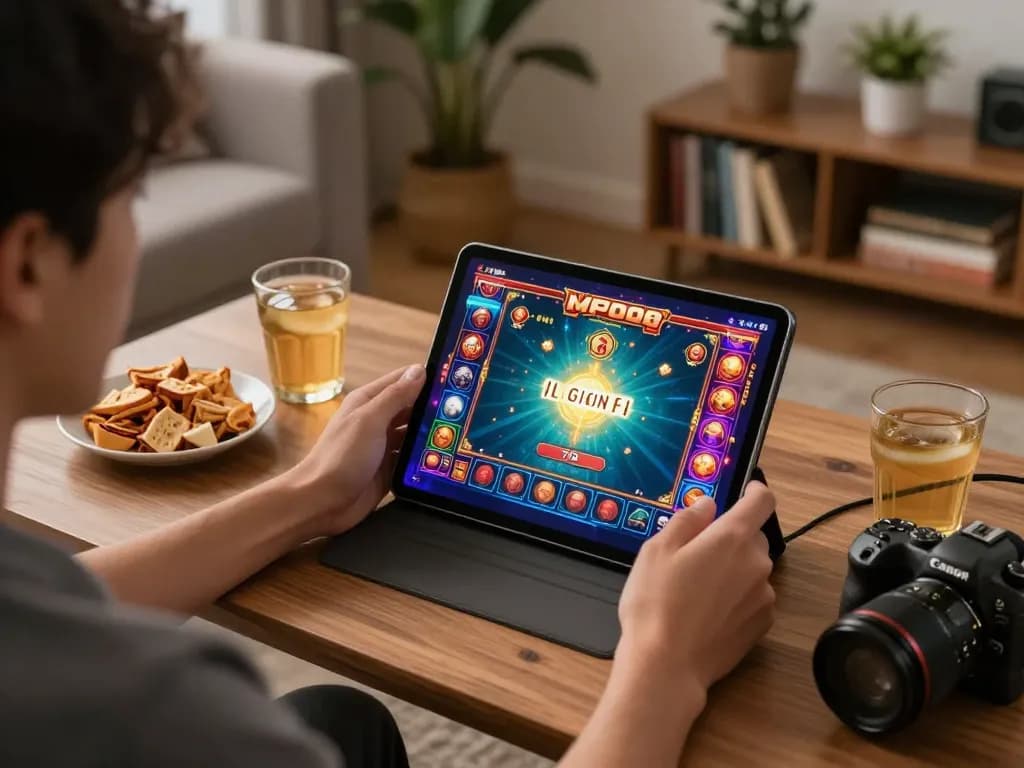 MPO08 Login 778 gameplay displayed on tablet, showcasing vibrant graphics at a cozy home setup.