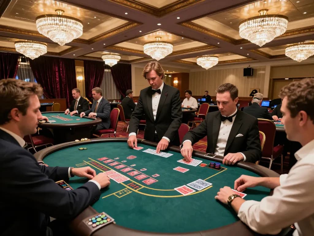 Take2 players engaging in blackjack tournament action on a buzzing casino floor