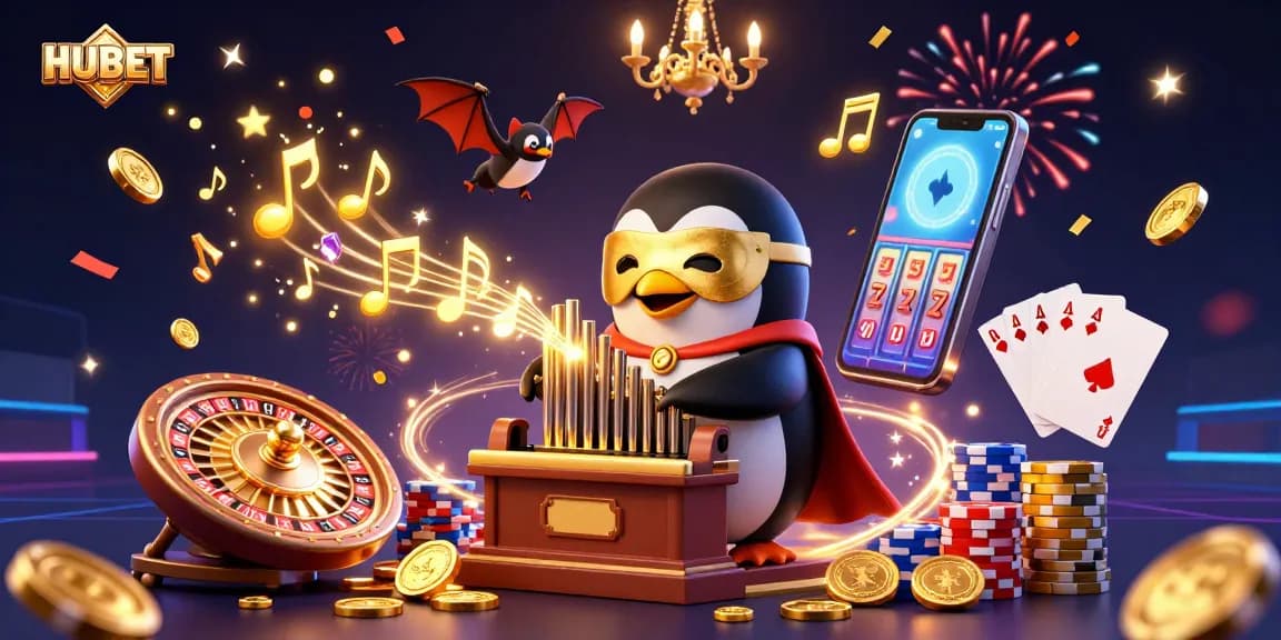 Engage with HUBET as a stylish phantom performs casino magic amidst golden coins and vibrant gaming elements.