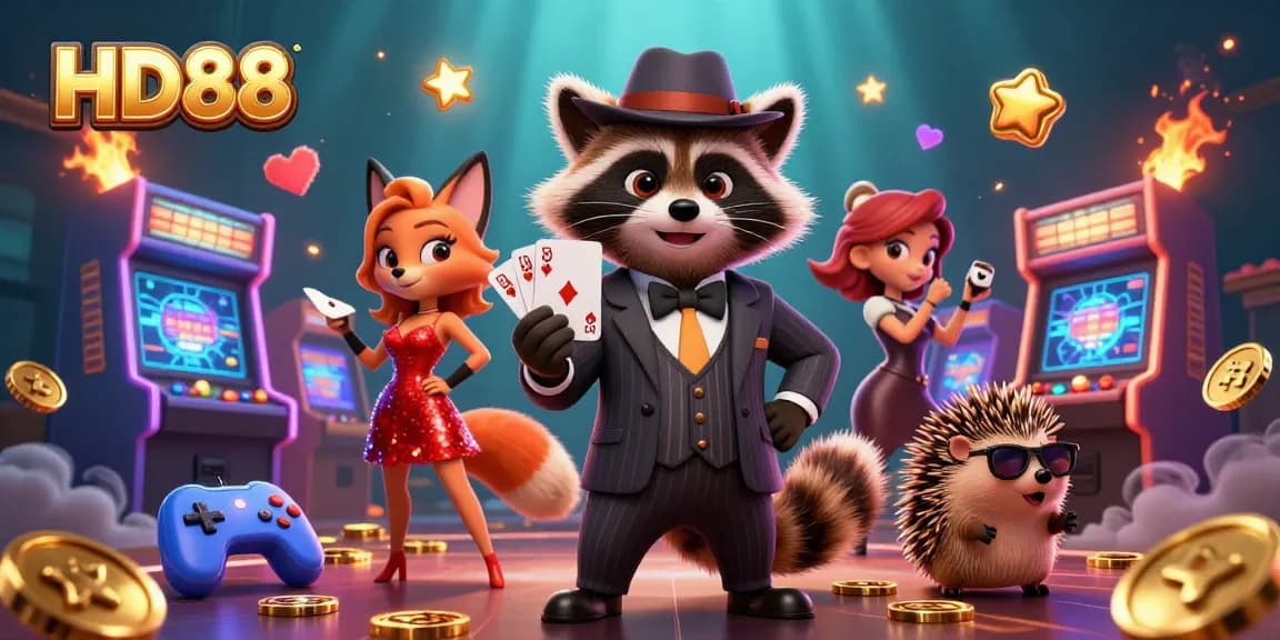 Experience the excitement of gaming at HD88 with a charming raccoon, fox lady, and hedgehog in a vibrant casino.
