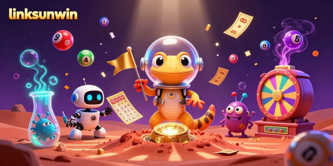 Spin to win at linksunwin as the Martian gecko and robot explore a golden casino adventure.