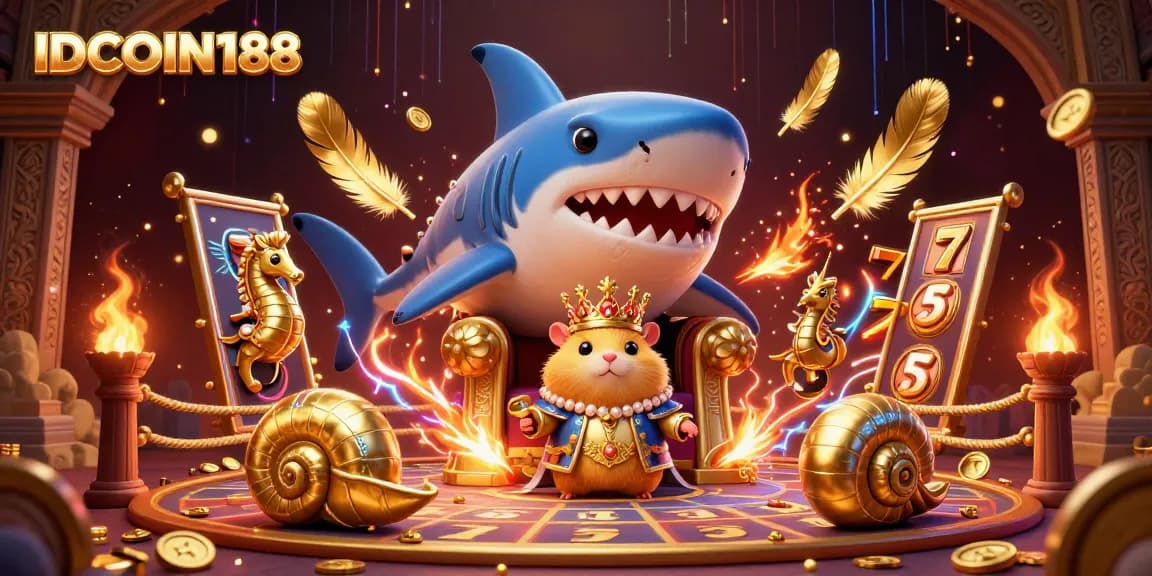 IDCOIN188 slots scene with a golden hamster king and vibrant casino themes.