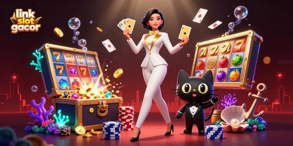 Spin the reels with link slot gacor as a glamorous woman shuffles cards with a festive atmosphere.