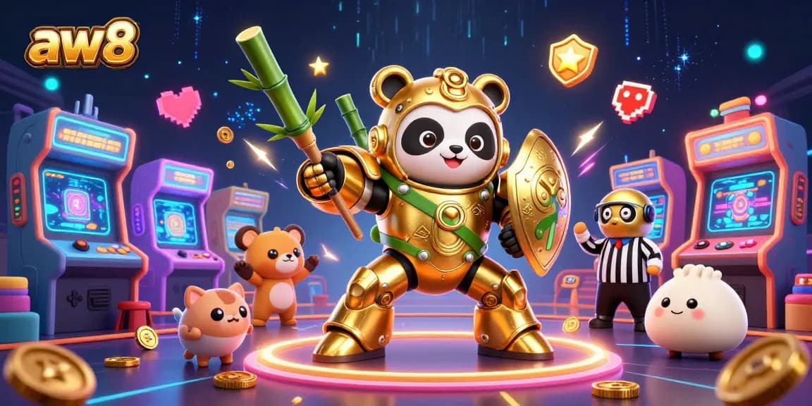 Watch the golden panda pilot the wok-shielded robot in the aw8 gaming arena.