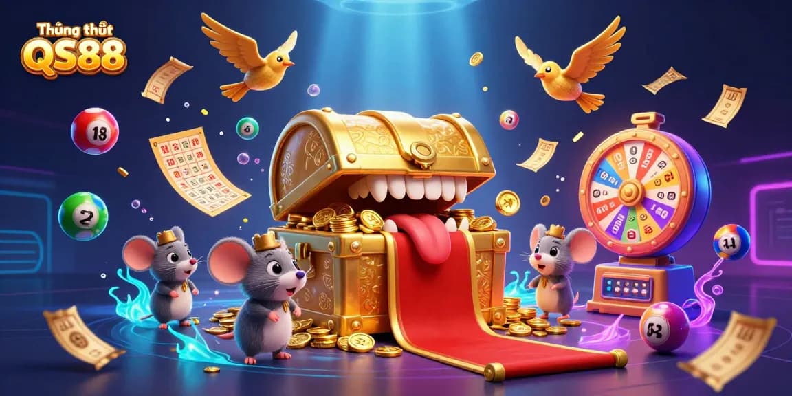 Engage with Thương hiệu QS88's dynamic gaming experience combining vibrant lottery elements and casino visuals.