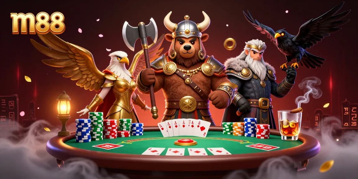 Experience thrilling m88 gaming with our Viking bear and Valkyrie amidst vibrant casino elements.
