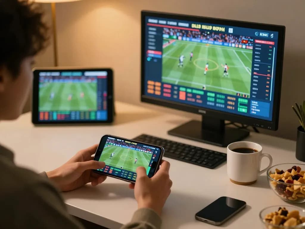 Exciting sports betting moment using sun win's mobile app on a cozy desk setup