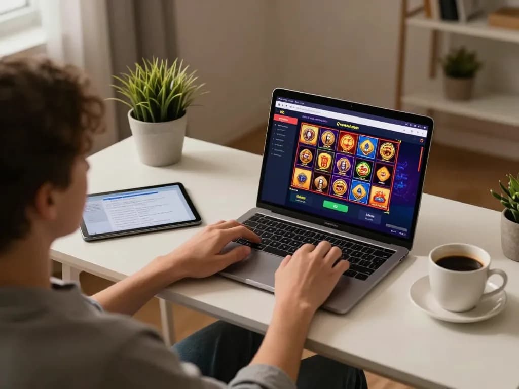 Player enjoying GG88 casino games on laptop in a cozy home office environment